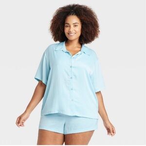 New! TOP ONLY! Auden Womens satin Pj button up top, blue XXL